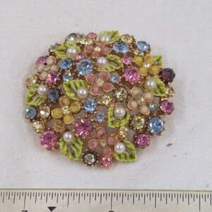 Arthur Pepper ART Brooch  Enamel Rhinestones. Signed. Floral